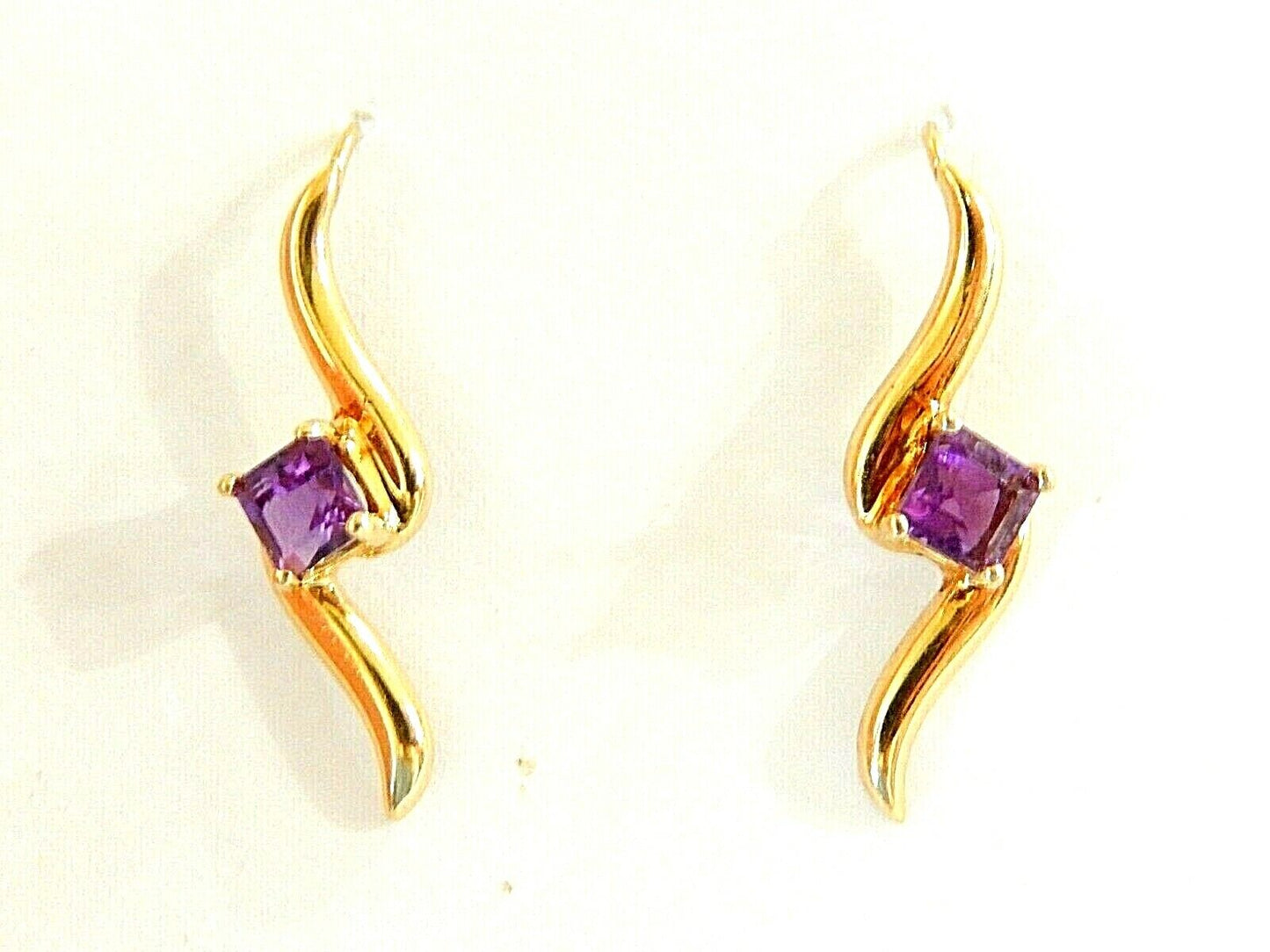 14K Solid Yellow Gold Princess Cut 4X4mm Purple Amethyst Drop Earrings