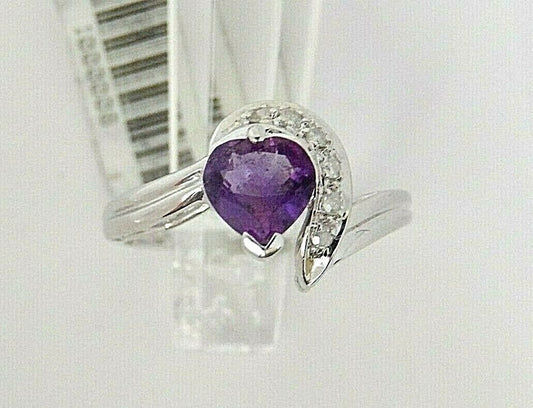 14K White Gold Heart Shape Amethyst & Diamond Ring .75 Carats Size 6.75