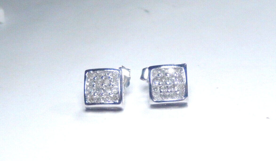 10K White Gold .33CT  Natural Diamond Square Cluster Mens/Ladies Stud Earrings