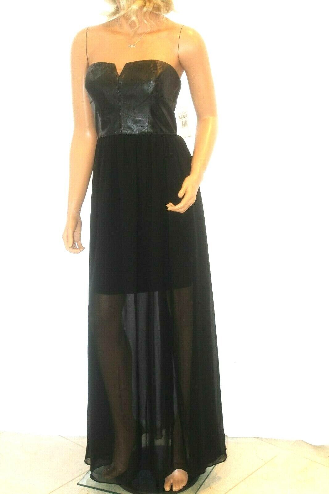 *NWT* $138.  Betsey Johnson Black Chiffon & Faux Leather Strapless Maxi Dress 12