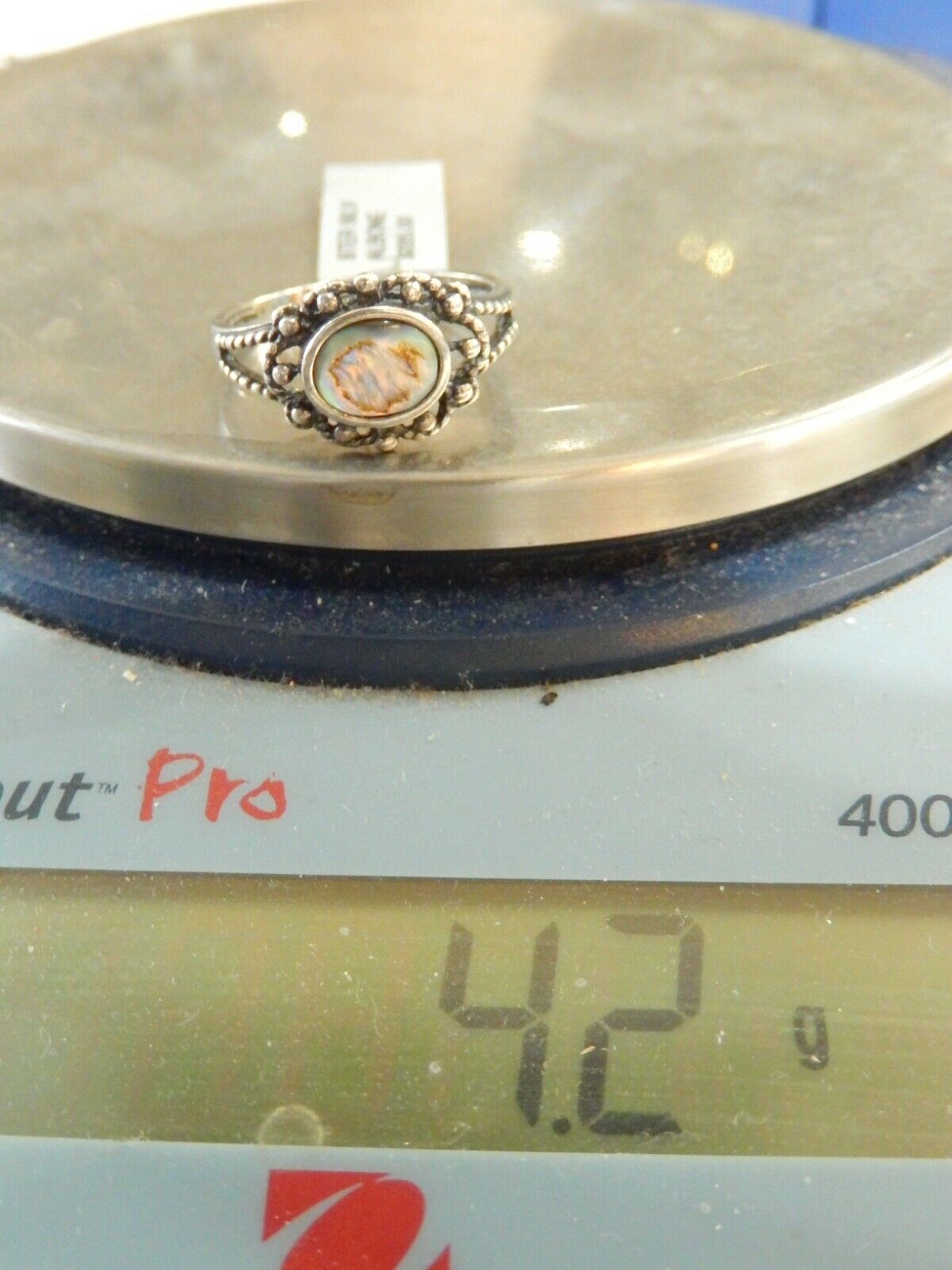 STERLING SILVER 925 SOLITAIRE ABALONE WITH BEADWORK  RING SIZE 11