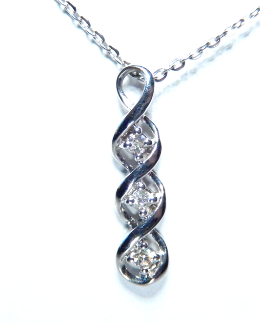 10K White Gold  Three Stone Diamond Necklace Past Present Future Pendant 18" Cha