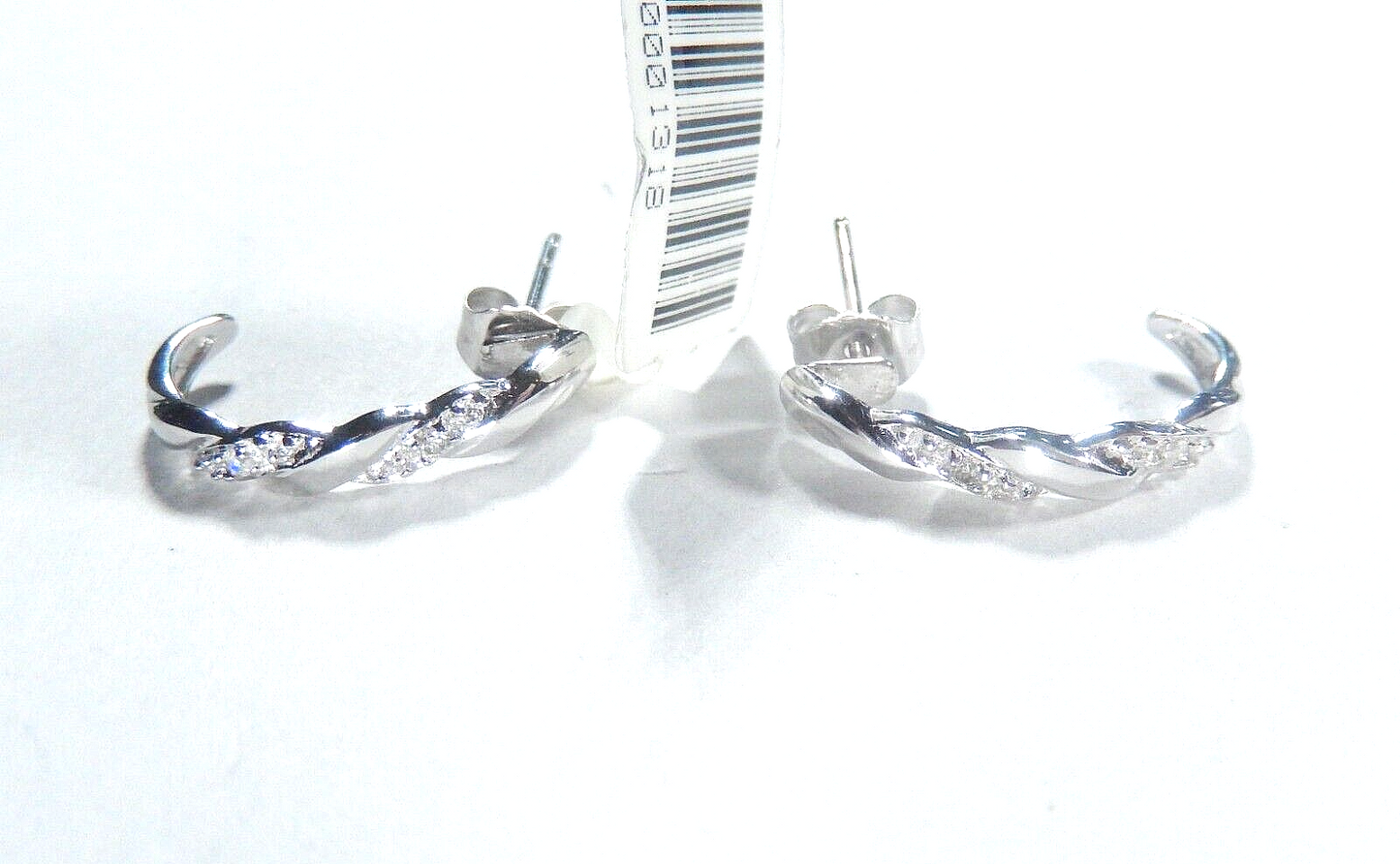 10K White Gold Round Natural Diamond J Shape Hoop Earrings