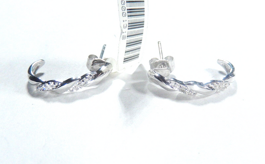 10K White Gold Round Natural Diamond J Shape Hoop Earrings