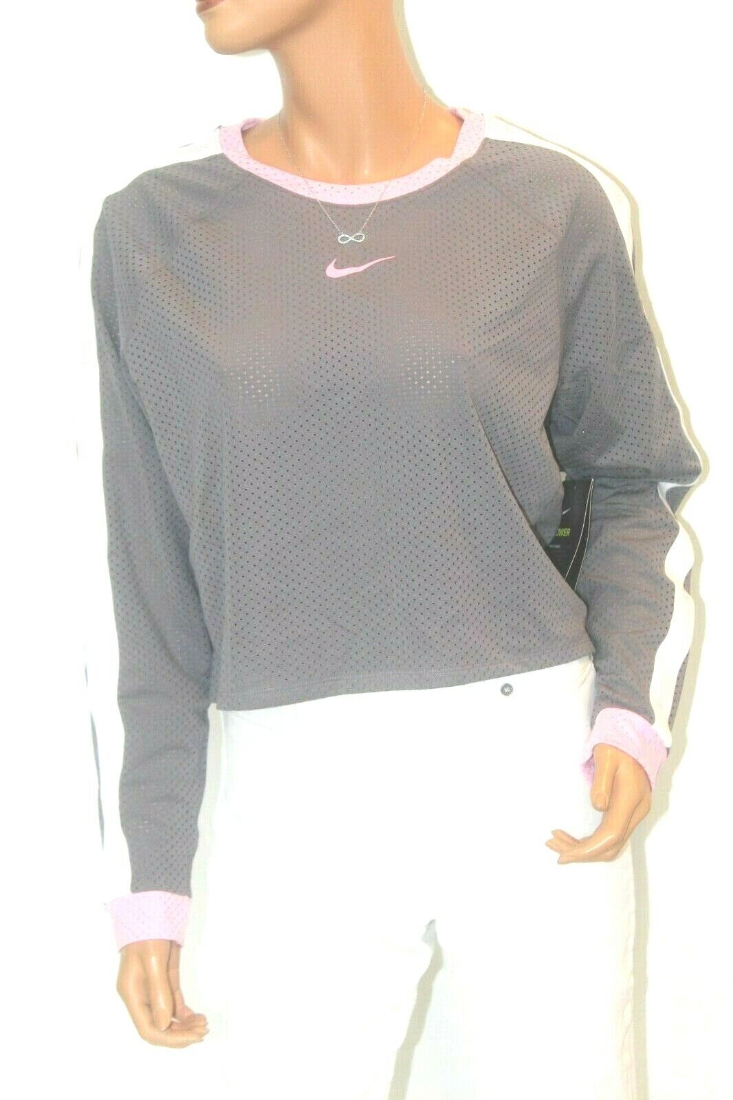 *NWT* $50. NIKE Women's DRI FIT Running Gray Mesh Long Sleeve Shirt Logo Sz LG