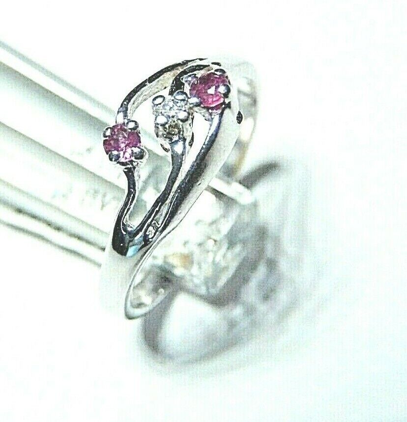 *NWT*  10k White Gold Three Stone Ruby & Genuine Diamond Ring Size 6