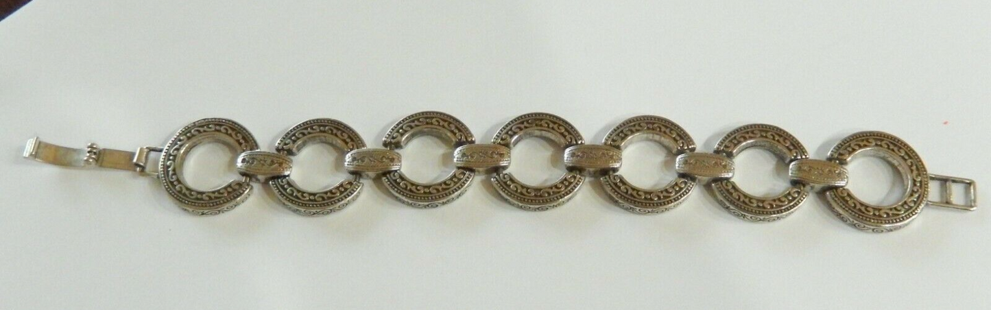 BRIGHTON Central Park Silver Circle Link Round Etched Bracelet 7.5"