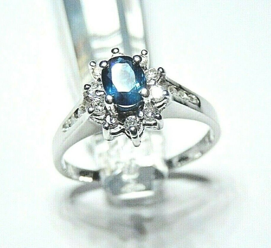 *NWT* 14K White Gold Natural Solitaire Sapphire and VS Diamond Halo Ring Sz 6.25