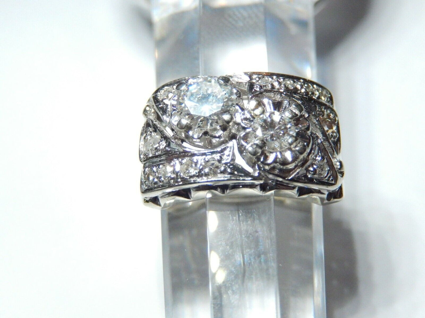 *VINTAGE*  14k White Gold Ladies .905 CT Diamond Cluster 12mm Wide Ring Sz 8.25