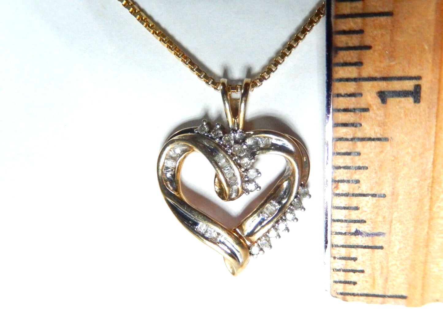 10k Yellow Gold  Round & Baguette Diamond Heart Pendant Necklace w/18" Chain