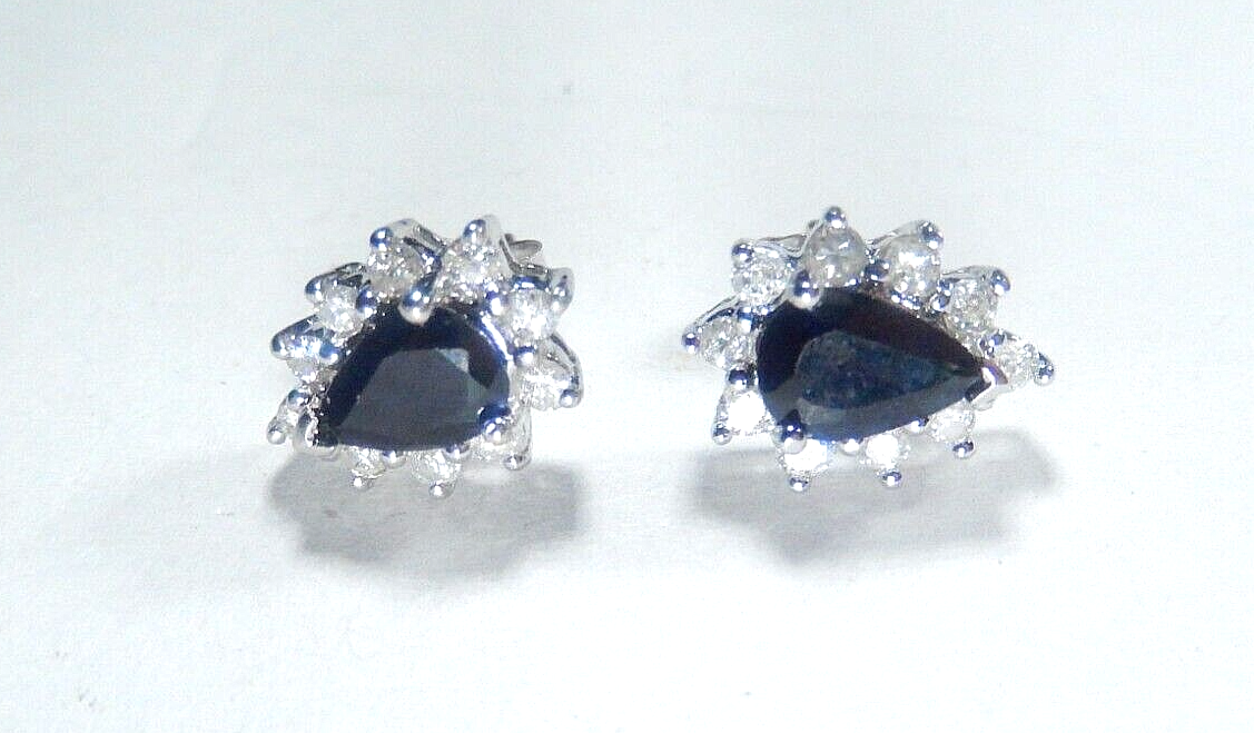 *VINTAGE*  14K White Gold 1.25CT Natural Diamonds & Sapphire Halo Stud Earrings