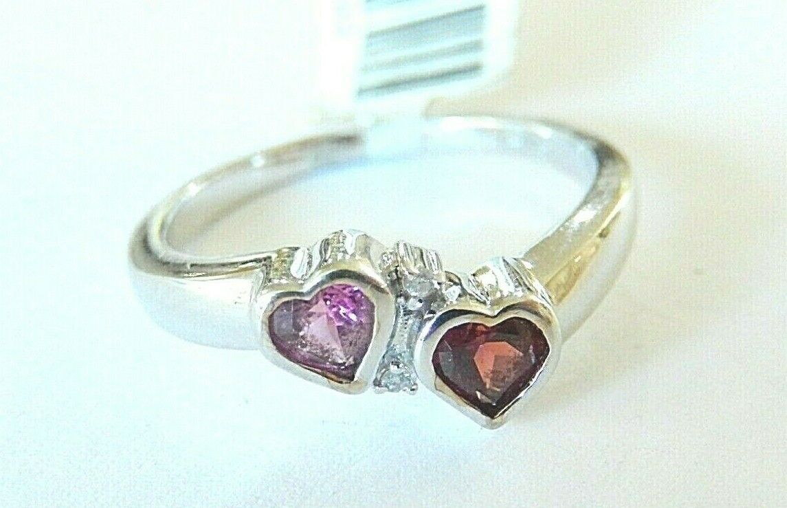 14K White Gold  4mm Heart Shape Amethyst and Garnet with Two Diamonds Sz 7.75