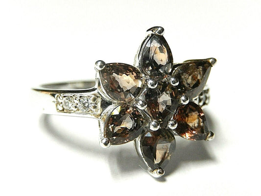 *VINTAGE*  Smoky Quartz & Zirconia 925 Sterling Silver Ring Jewelry Size 9.5