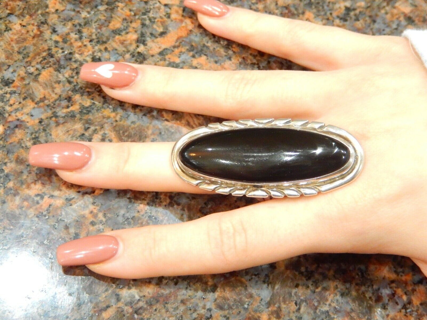 *VINTAGE* HUGE 2 3/8" Native American NAKAI Black Onyx Sterling 925 Ring Size 13