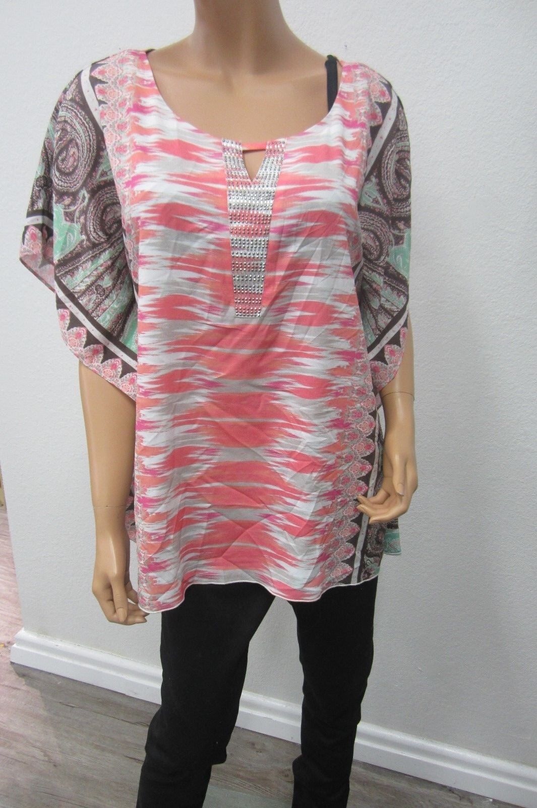 *NWT* VALERIE STEVENS Womens Tunic Top  Pink Flare  Sleeve Embellished  Sz L/G