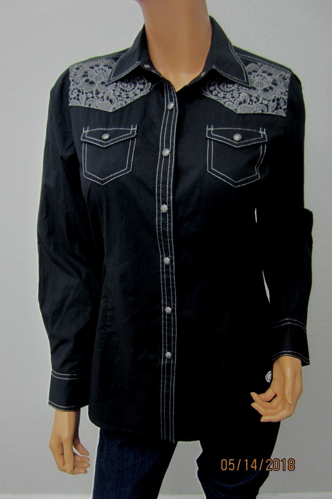 NWT Ariat Women's Lottie Snap Shirt w/Lace Embroidered Yoke - Black Size S/P