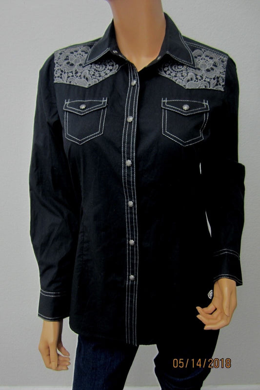 NWT Ariat Women's Lottie Snap Shirt w/Lace Embroidered Yoke - Black Size S/P