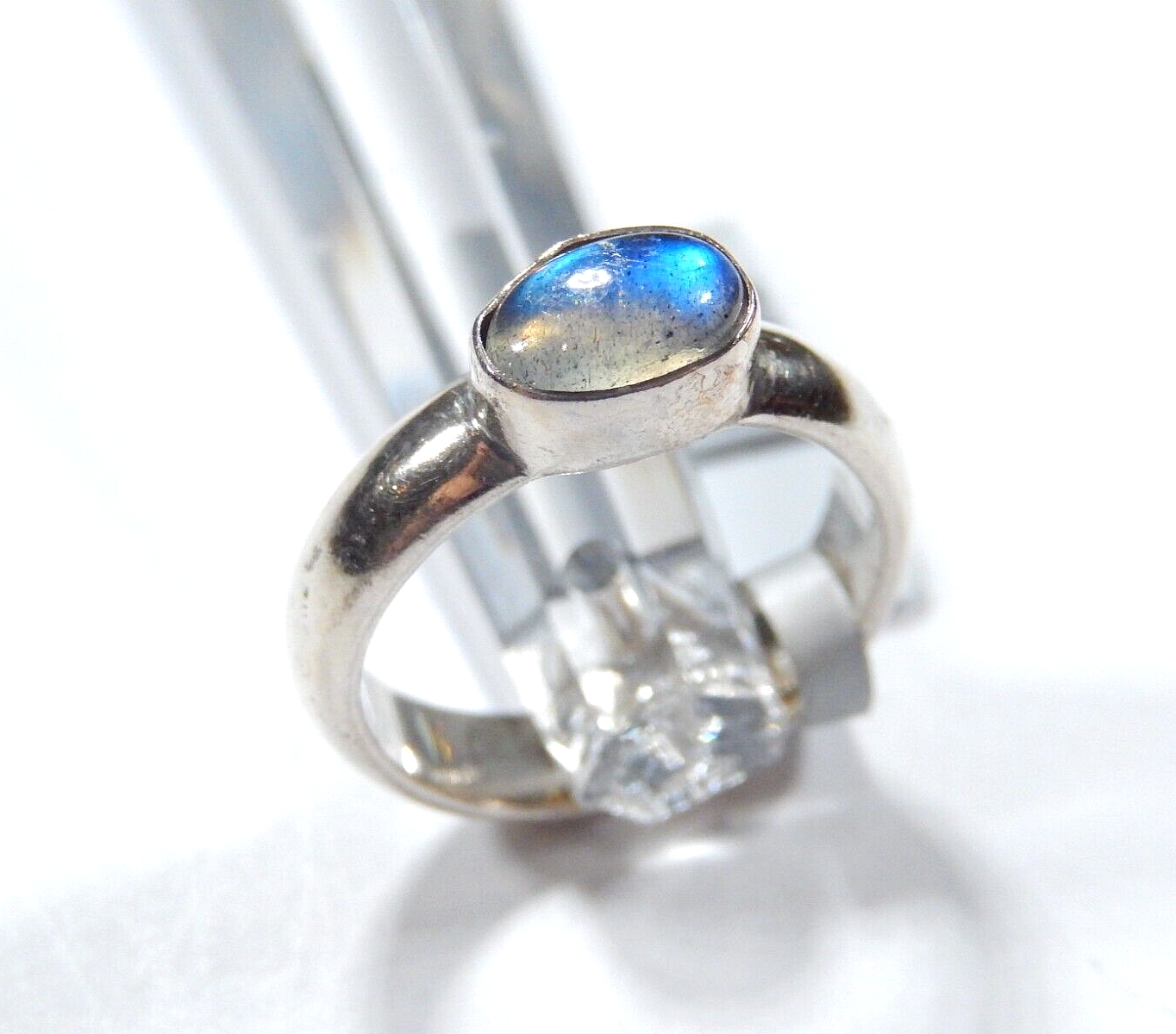 *VINTAGE*  Natural Rainbow Moon Stone 4.5 mm Wide Band Sterling Silver Size 5