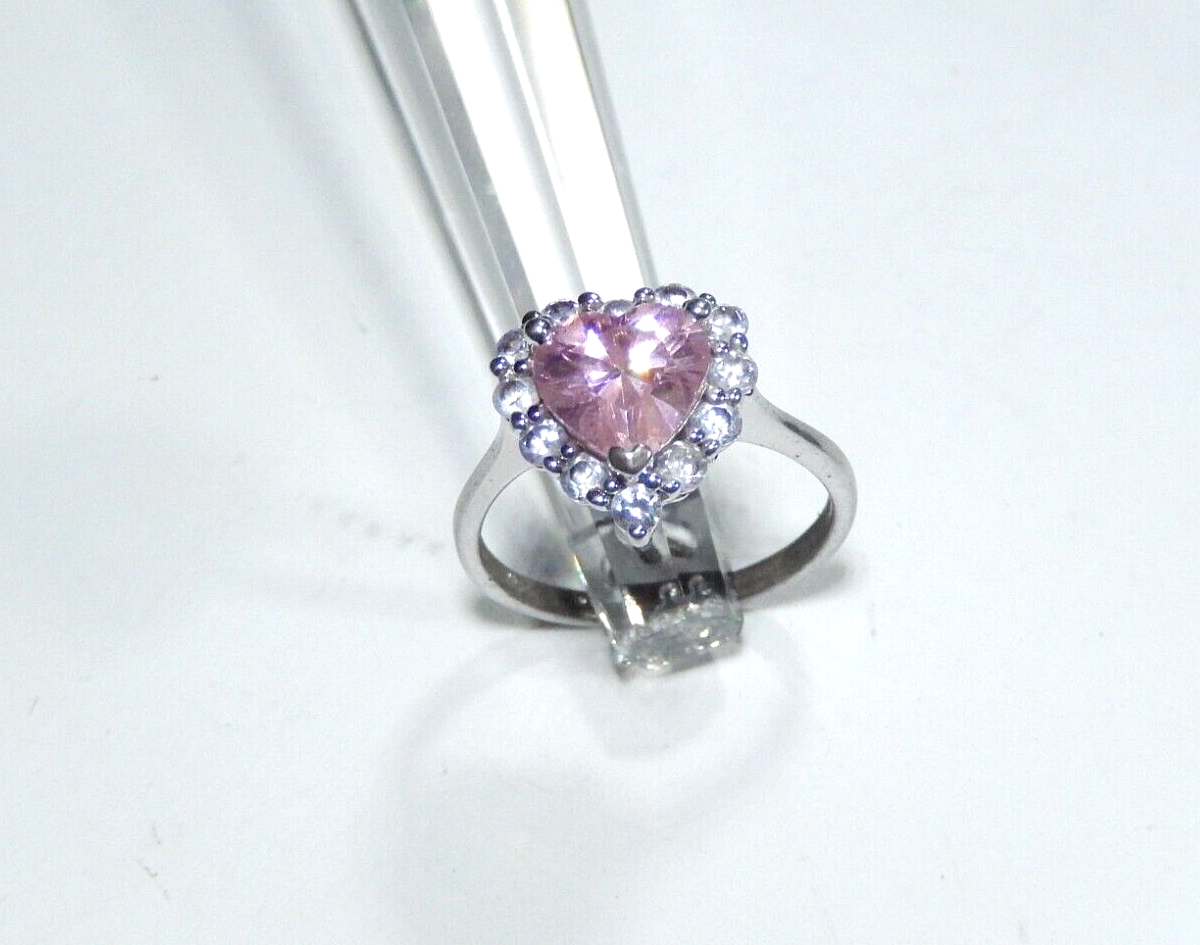 *VINTAGE*  Women's Heart Pink CZ Halo Ring  .925 Sterling Silver Band Size 7