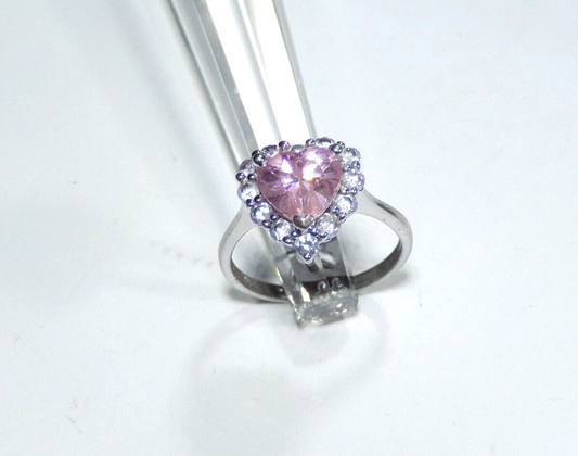 *VINTAGE*  Women's Heart Pink CZ Halo Ring  .925 Sterling Silver Band Size 7