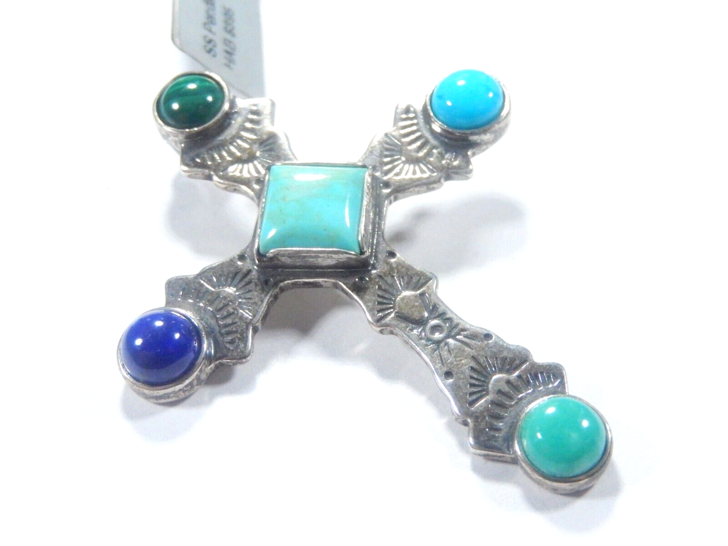 *VINTAGE*  STERLING SILVER MULTI GEMSTONE STONE CROSS PENDANT 2" x 1.5"