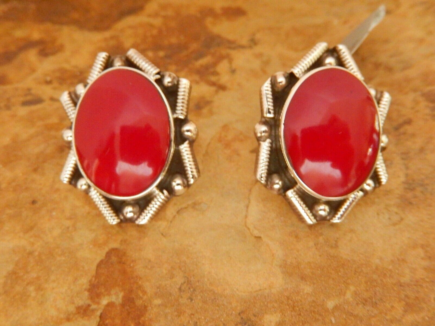 Vtg 1960's Sterling Silver 925 Large Red Coral Mexico Earrings  19gms 1.25"x7/8"