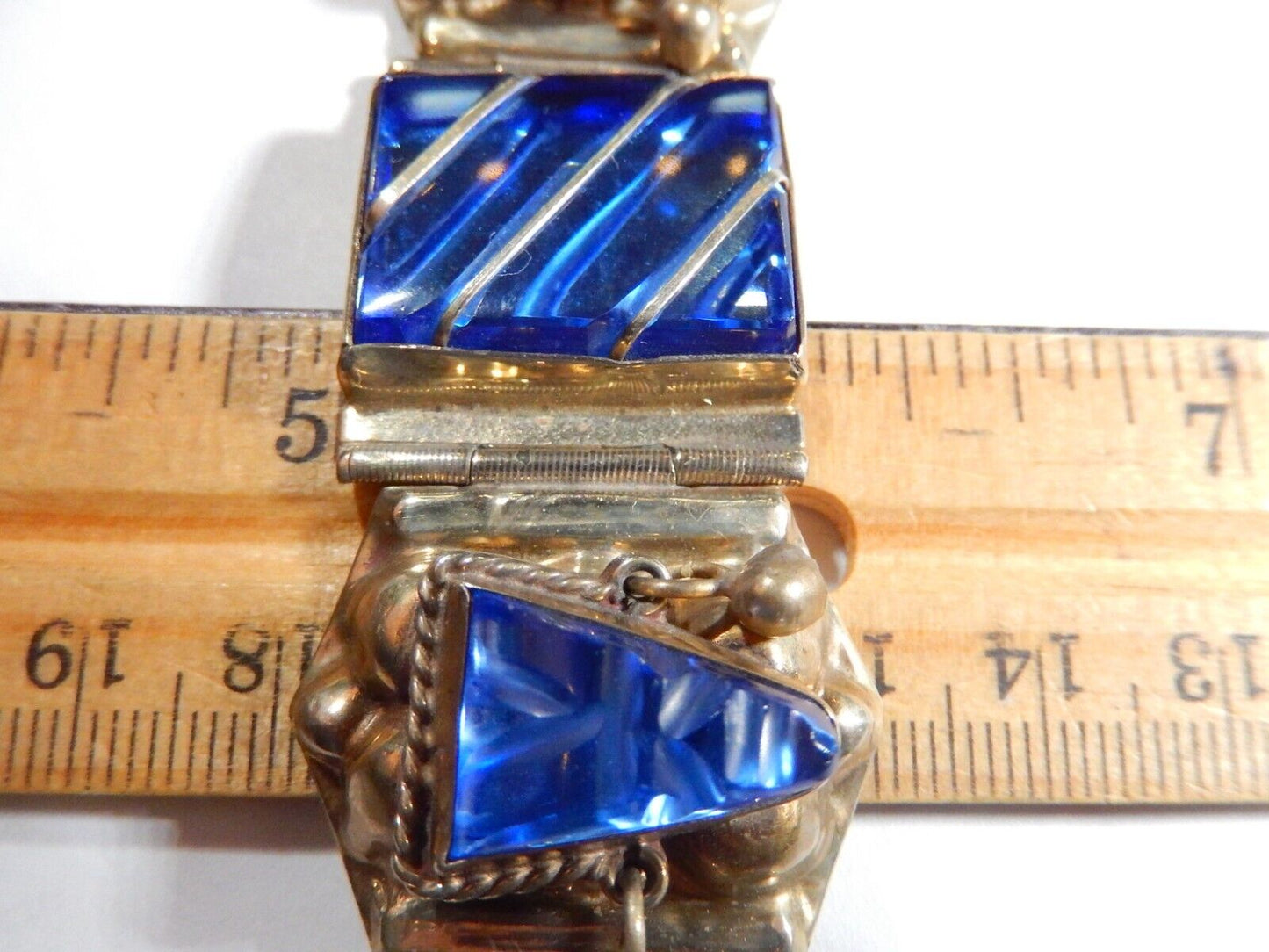 VINTAGE  Taxco Sterling Silver Blue Glass 1" Wide 7" Bracelet Weighs 68.8 gms