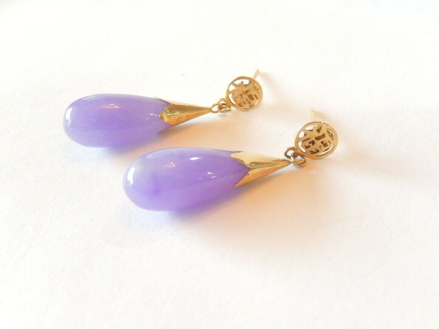 *VINTAGE*  14k Yellow Gold HAPPINESS Chinese Symbol  Amethyst Dangle Earrings