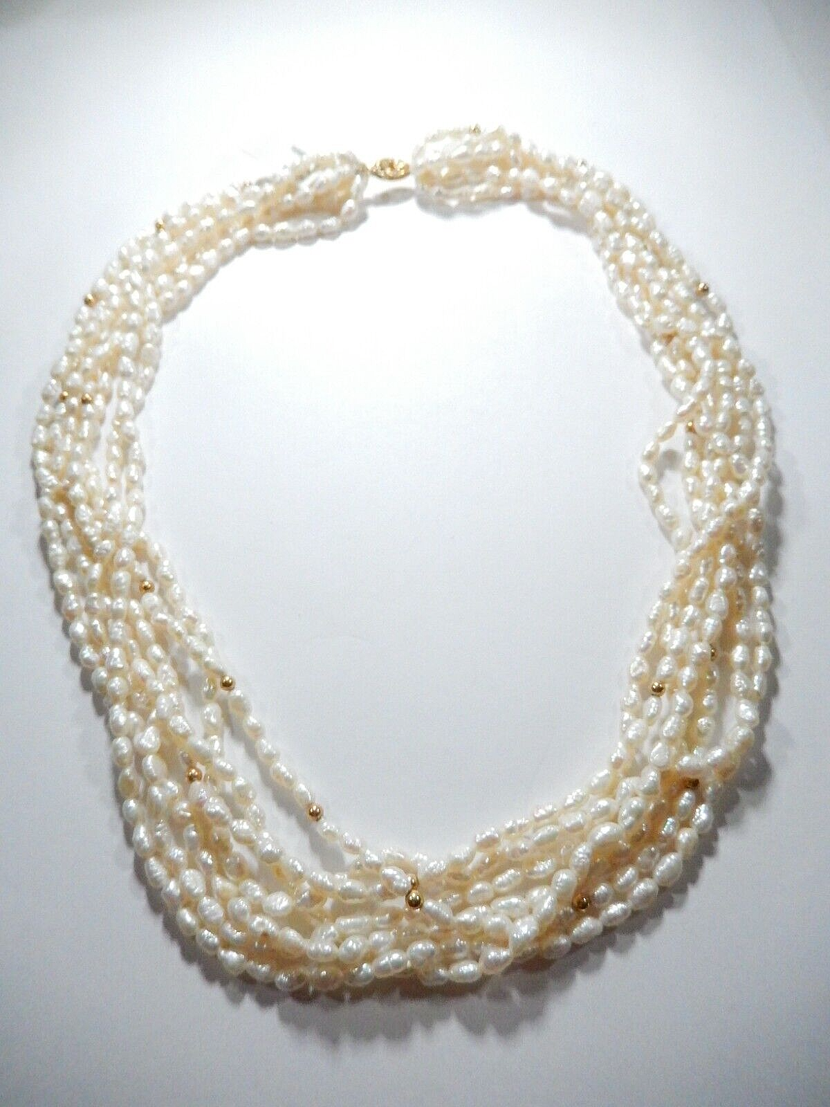 14K Solid Gold Bead Accent 7 Strand Freshwater Rice Pearl Necklace 18"”