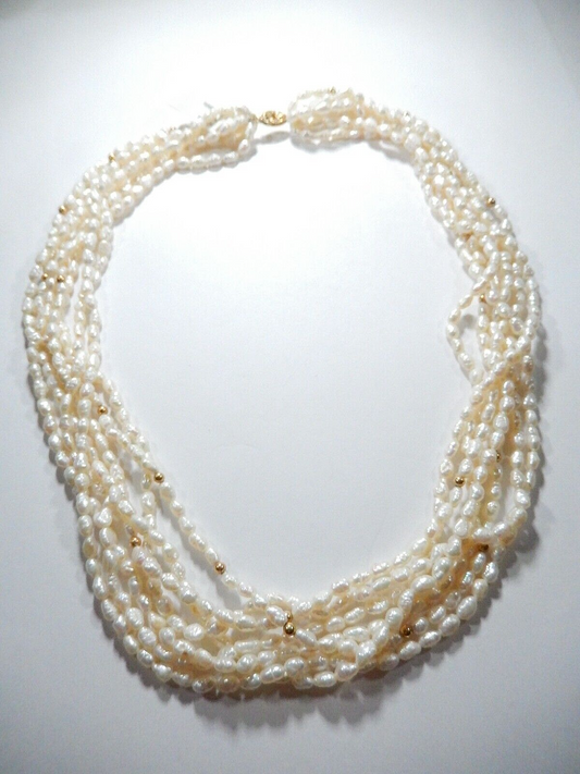 14K Solid Gold Bead Accent 7 Strand Freshwater Rice Pearl Necklace 18"”