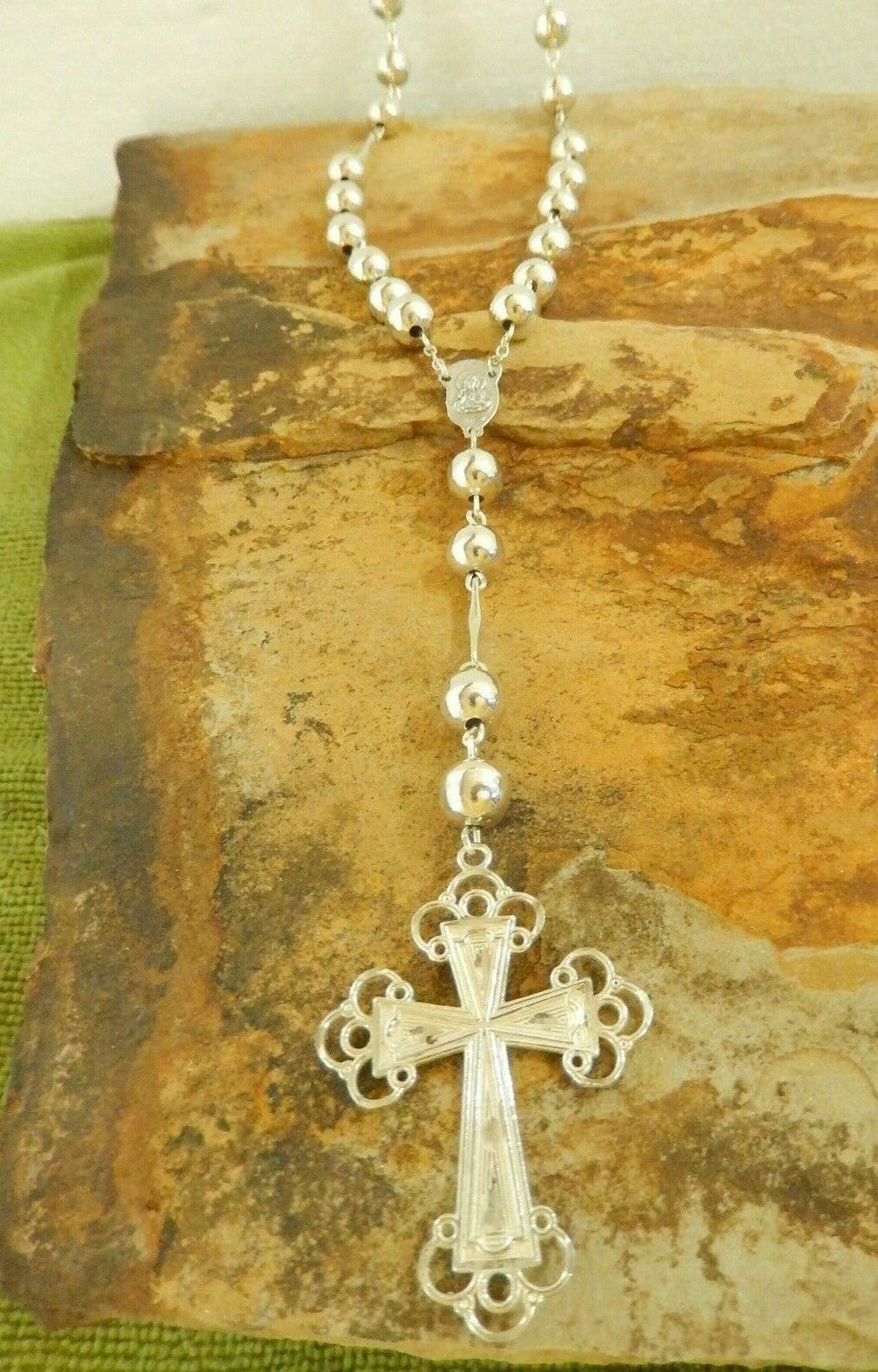 LARGE 30" VINTAGE Italian 10mm Sterling Silver Bead Rosary Prayer Necklace Rare