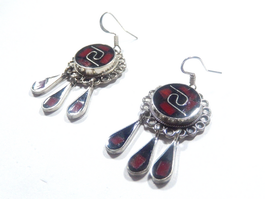 *VINTAGE*  Mexico Alpaca Silver Inlay Native Dangle Drop Earrings