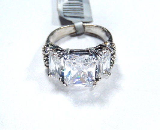 STERLING SILVER 5.00CT EMERALD CUT CZ ARTISIAN BEAD BAND 3 STONE RING Sz 5.75