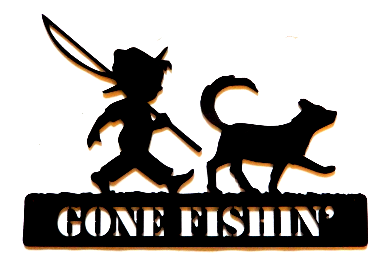 *NEW* 14ga. "GONE FISHIN" Boy & Dog -12" x 8" Powder Coated Black Metal Wall Art