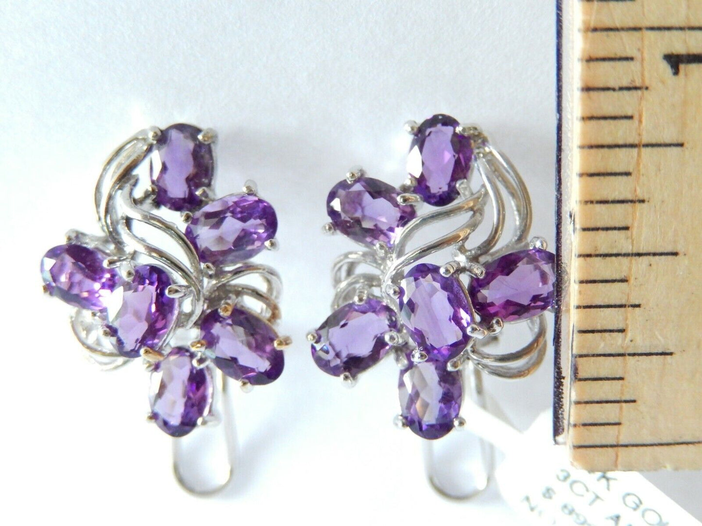 *VINTAGE* Large 14K White Gold 3CT Amethyst Oval Cut French Clip Stud Earrings
