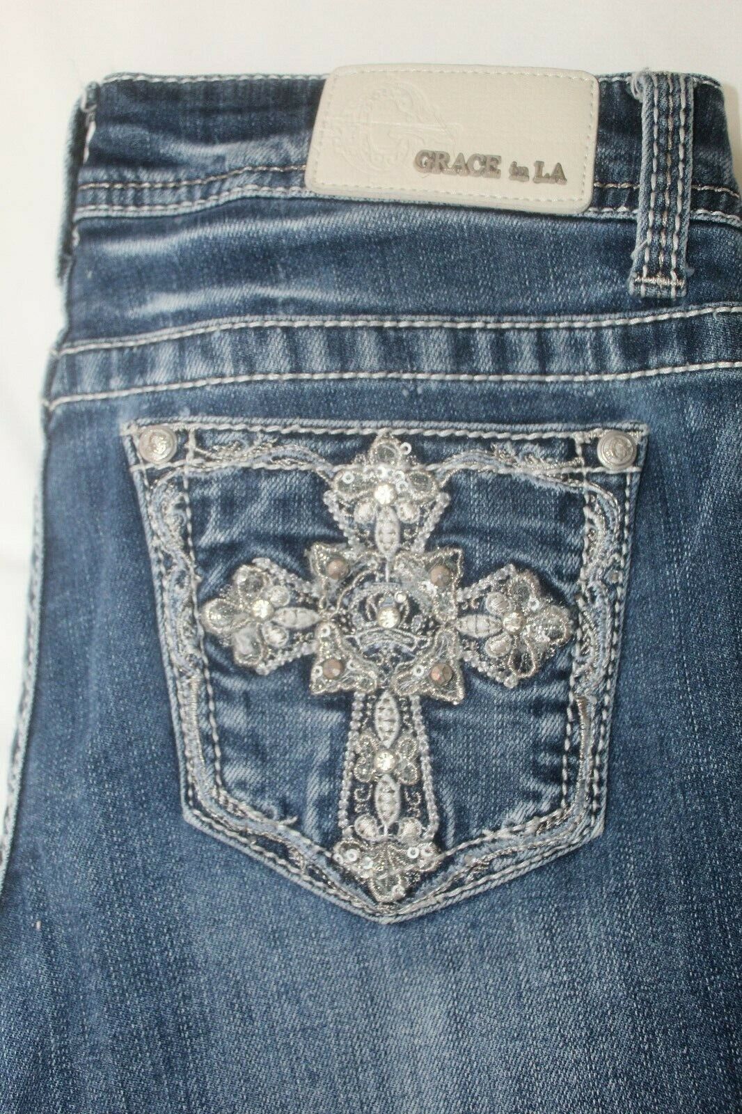 *NWOT* Grace in LA Women Cross Embellished Embroidered Bootcut Stretch Jeans W28