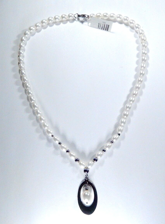 Real 7mm x 6.5mm Oval Pearls &Sterling Silver Beads 17" Necklace w/Pearl Pendant