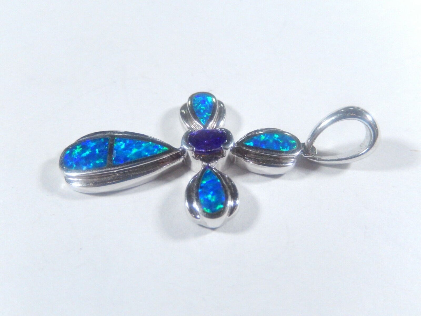 *VINTAGE*   Sterling Silver 925 Amethyst & Blue Fire Opal Cross Pendant