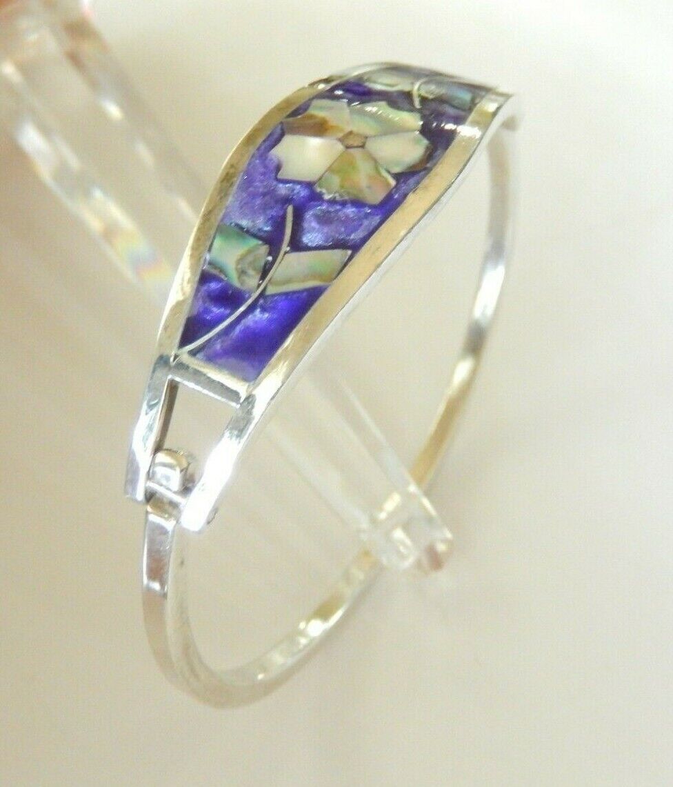 *VINTAGE Taxco Mexico Sterling Silver Mother of Pearl Inlay Hinged Cuff Bracelet