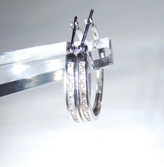 *NWT* Women's 10K White Gold 1/5CT Channel Set Diamond  Hoop 22mm  Earrings