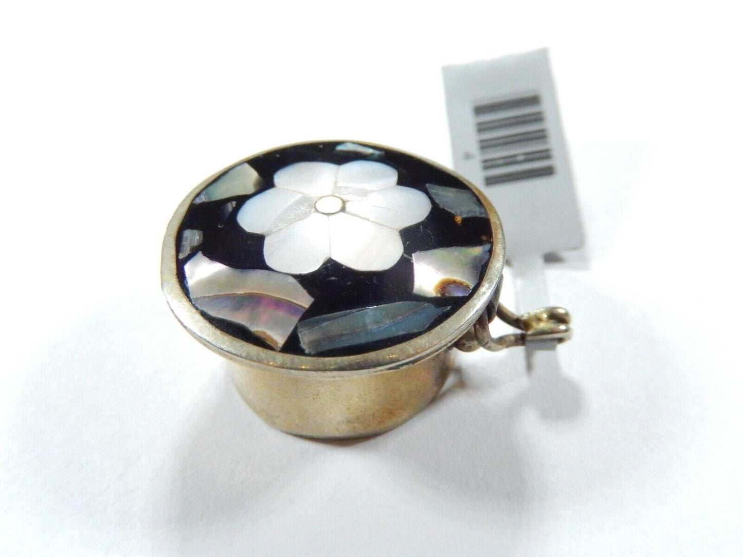 Vintage Silver Hinged Pill Trinket Box Abalone & MOP Inlay Flower Alpaca Mexico