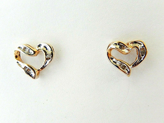 *NWT* 14K Yellow Gold .25CT Baguette Diamond Heart Stud Earrings 9.5mm x 8.5mm