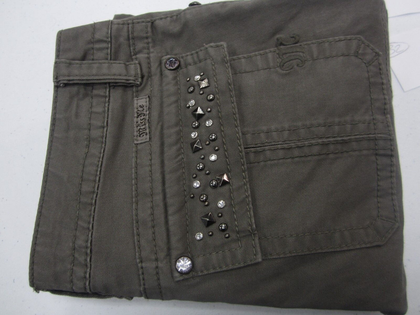 NWT MISS ME CP1246C Embellished Cargo Casual Ankle-Zip Pants Light Olive 27x31