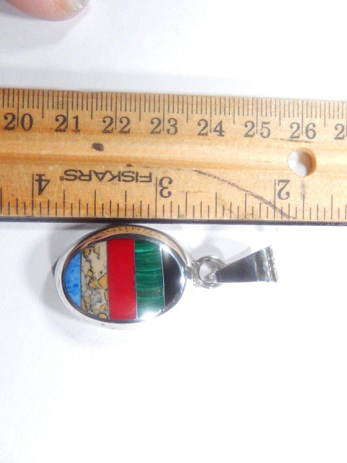 *VINTAGE*  Large Mexican Sterling Silver Multi Stone Oval Inlay  Pendant