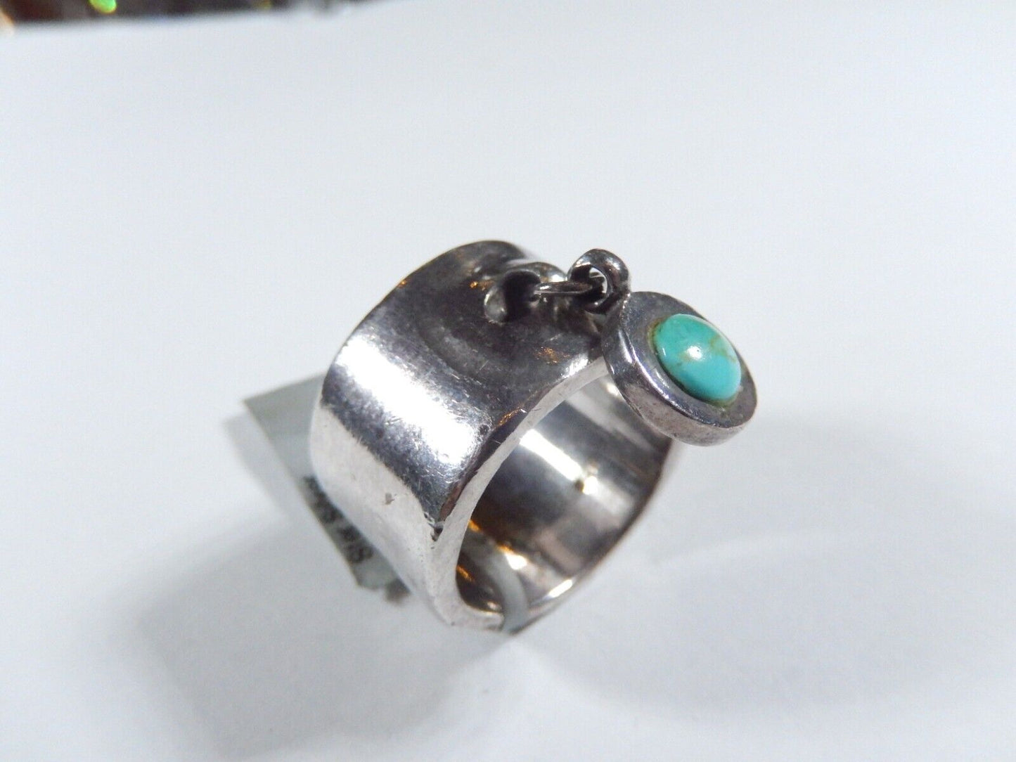 Native American Handmade Sterling Silver Wide Band TURQUOISE Dangle Ring Sz 7.5