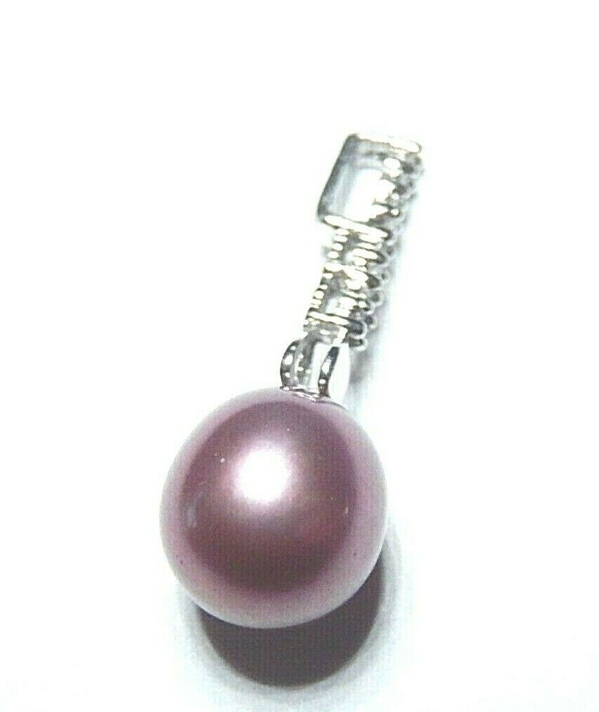 *NWT* 10k Solid White Gold Real Purple 8.5mm Pearl & 8 Diamond Pendant 1" Tall