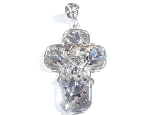 *VINTAGE* Sterling Silver HEAVY  LARGE  HEART &  FLOWER  CROSS PENDANT-22.5 gms