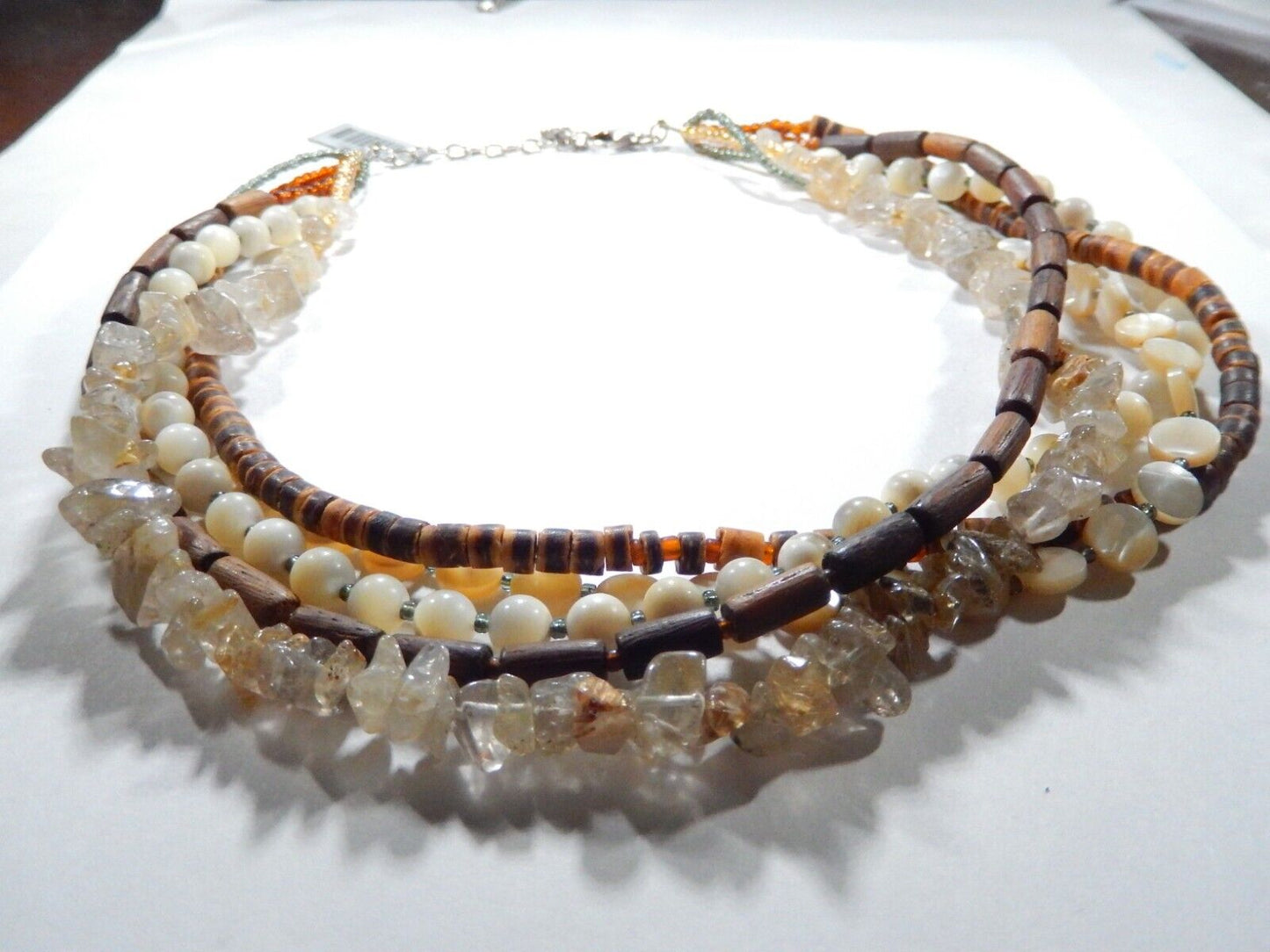 Silpada Sterling Silver Multi Strand Wood Quartz MOP Bead Necklace  17"-19"