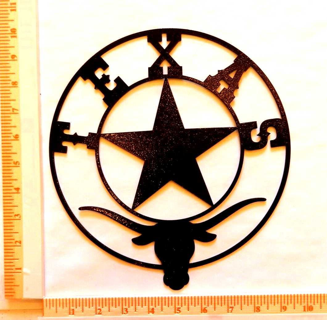 ~NEW~ 14ga. - "TEXAS STAR LONGHORN" Black Powder Coated Metal Wall Art --10"