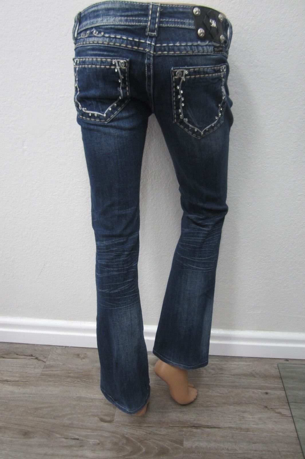 NICE  MISS ME Distressed Dark Low Rise Boot Crystals Jeans JW5161B2 Size 27 x 29